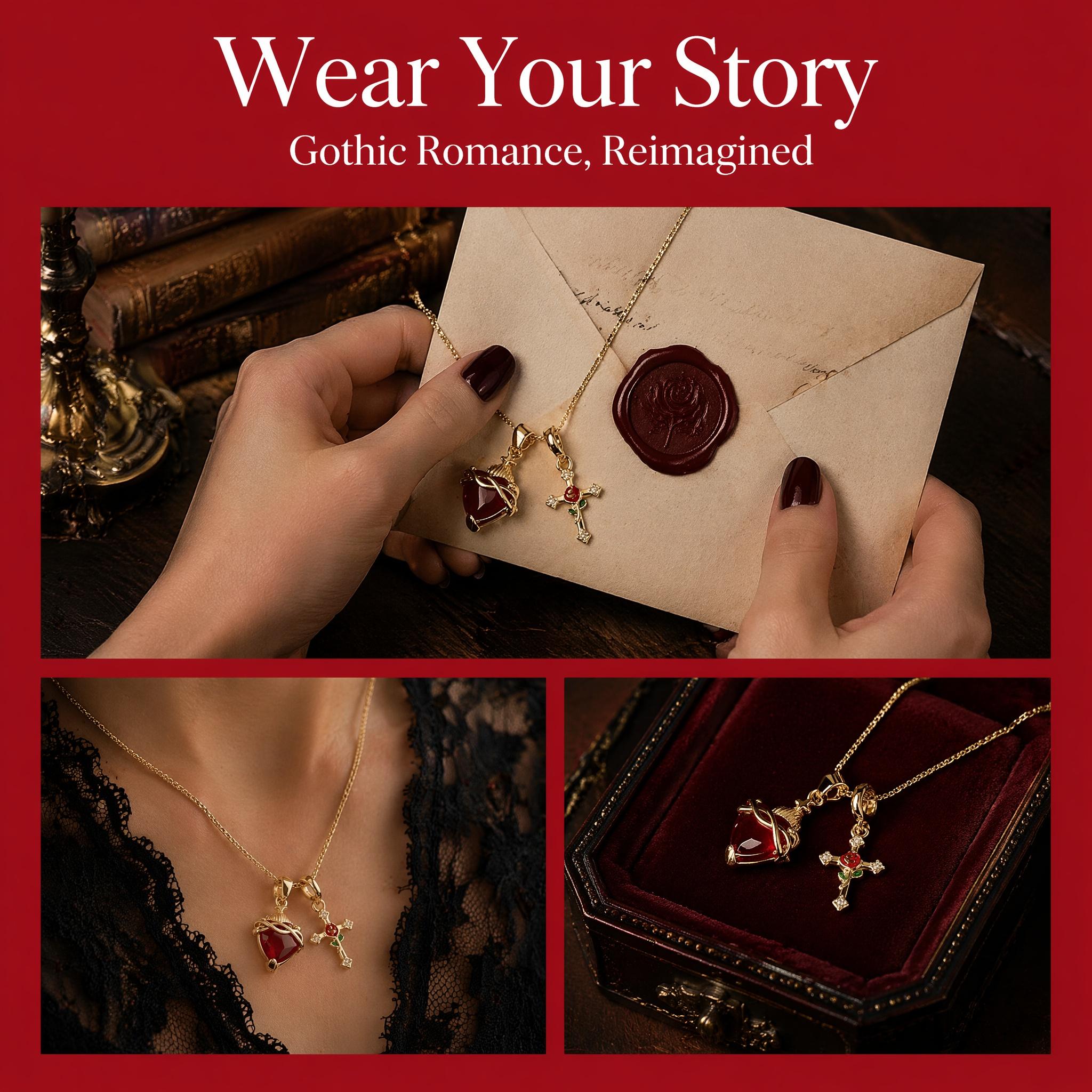 Gold-Plated Metal Coating Catholic Christian Double Pendant Necklace - Red Sacred Heart Zircon Stones, Cubic Zirconia, Box Chain, Lobster Clasp, Comes with Jewelry Gift Box, for Daily Wear, Graduation, First Communion Gifting