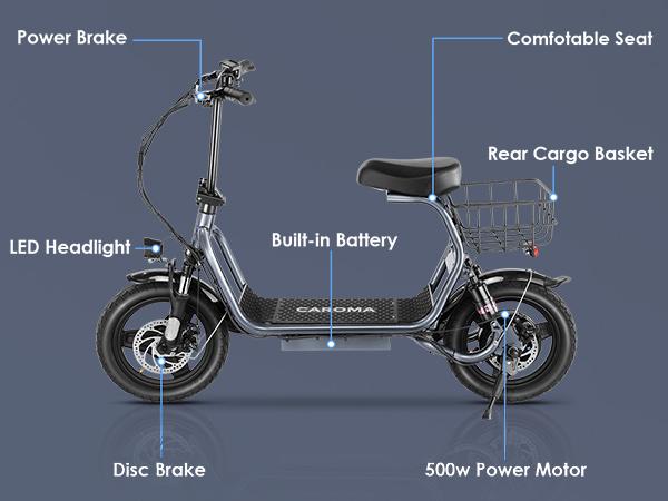 CAROMA Peak 1200W Electric Scooter with Seat, 14" Fat Tire Electric Scooter Adults, 500Wh Battery up to 30 Miles&20MPH, Foldable Adult Electric Scooter for Commuting with Basket&Shock Absorbing