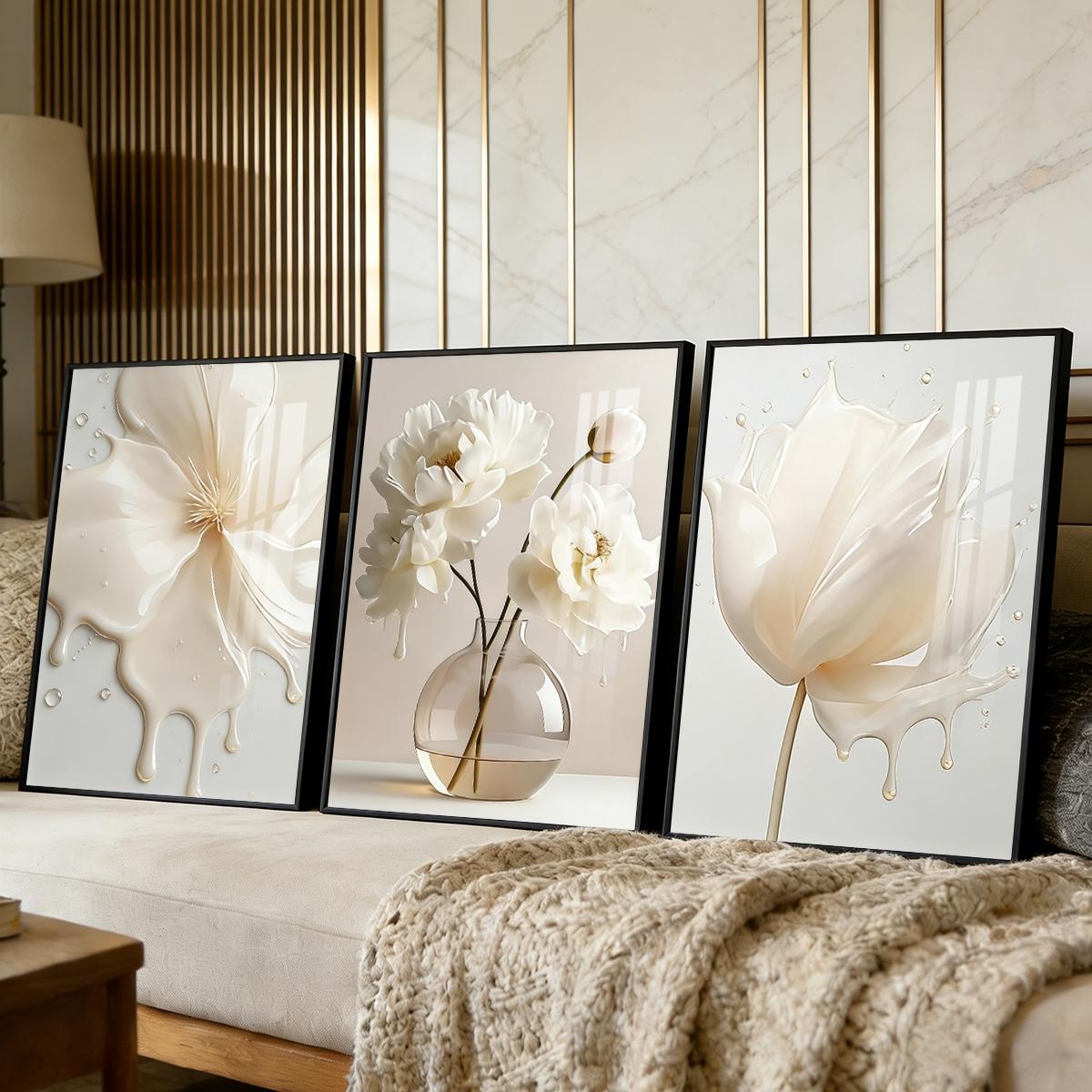 3 Counts Aluminum Alloy Framed Painting, Elegant White Liquid Floral Art Pictures, Home Decoration For Living Room, Bedroom, Office, Restaurant, Hallway Wall Decor, Odorless Print Artwork, Luxury Perfect Gift For Friends And Family