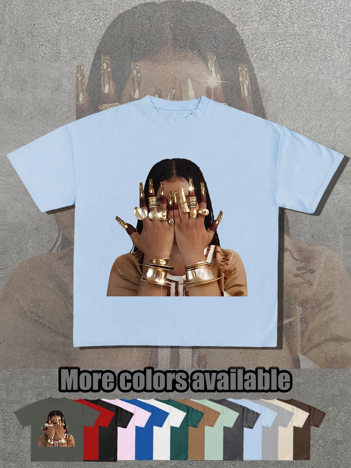 14 Color Options, Retro Egyptian Queen Gold Nail Print T-Shirt, Unisex Short Sleeve, Loose Fit, Street Style, Summer Fashion Essential