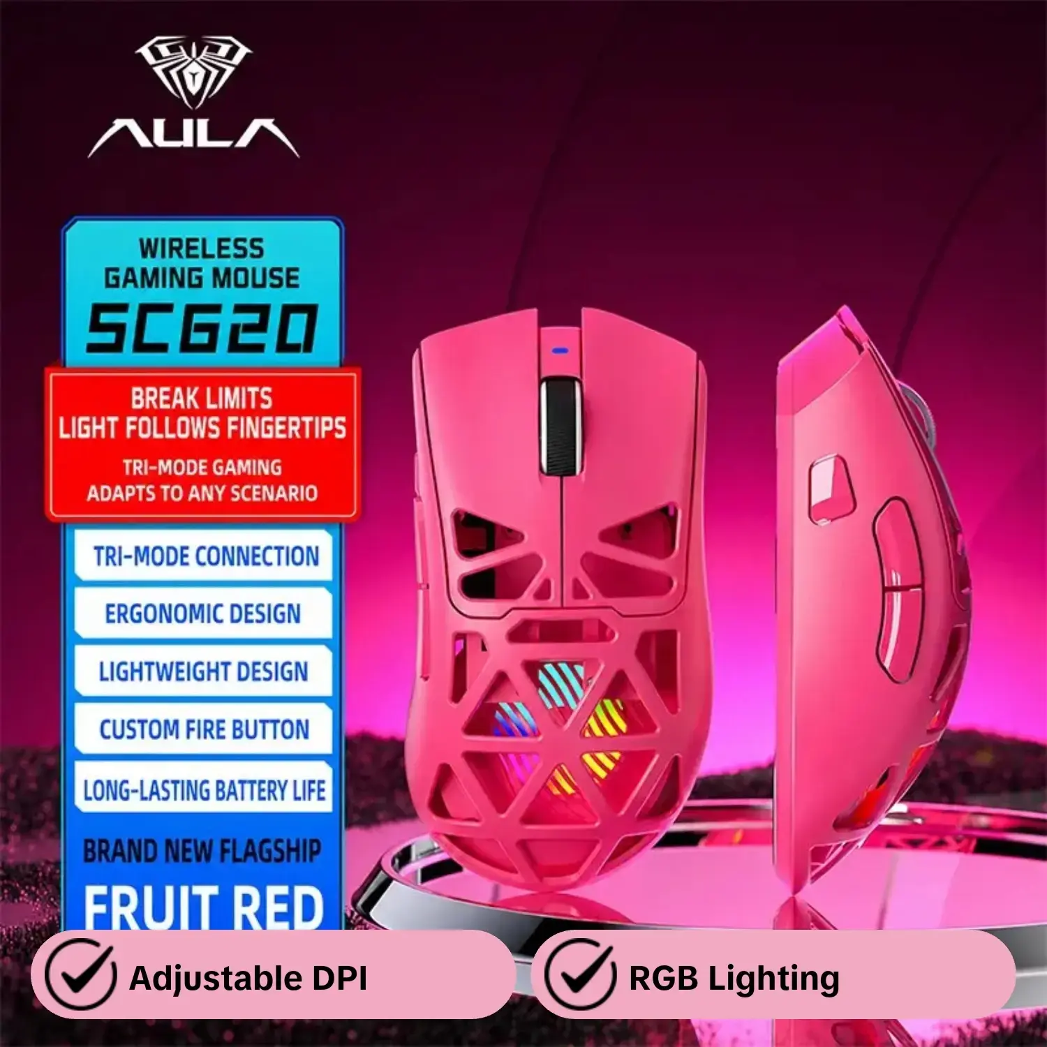 Aula Sc620 Tri-Mode Hollow Gaming Mouse, Gaming Peripherals, Gaming PC Accessories, Adjustable Dpi 6 Levels, Lightweight Design, Cool RGB Lighting, Type-C Charging, Compatible with Laptops/pcs