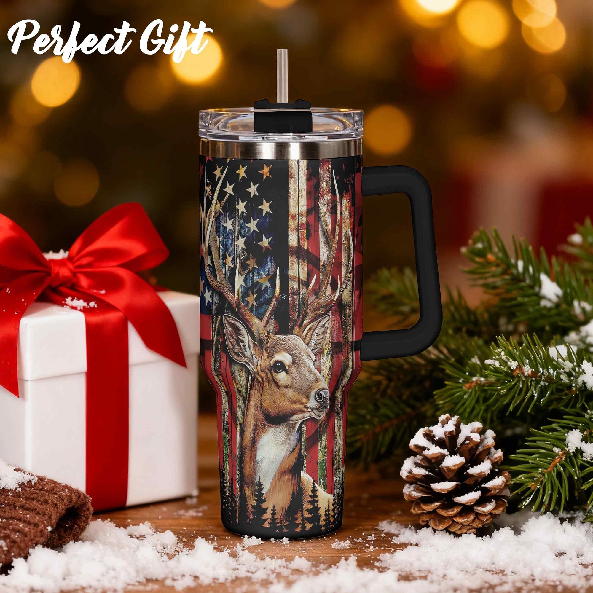 40oz, 1pc Gift, Stainless Steel Cup, Insulated and Durable, Stainless Steel Tumbler, Featuring a beautiful American Flag Deer Design, Perfect Gift for Horse Lovers and Equestrians, Great for Hot or Cold Beverages