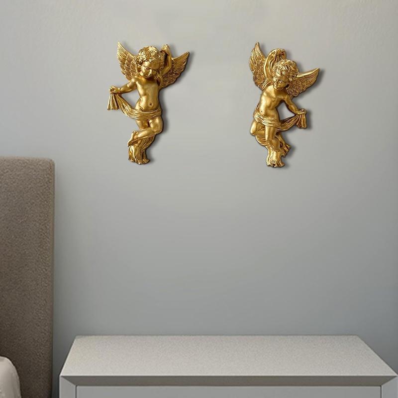 2pcs Vintage Golden Angel Statue Wall Decor,Golden Wall Decor Sculptures - Wall Art Decoration - Perfect for Living Room, Hallway And Entryway, Ideal for Elegant Home Decor, Hooks on The Back for Easy Installation, Room Decor