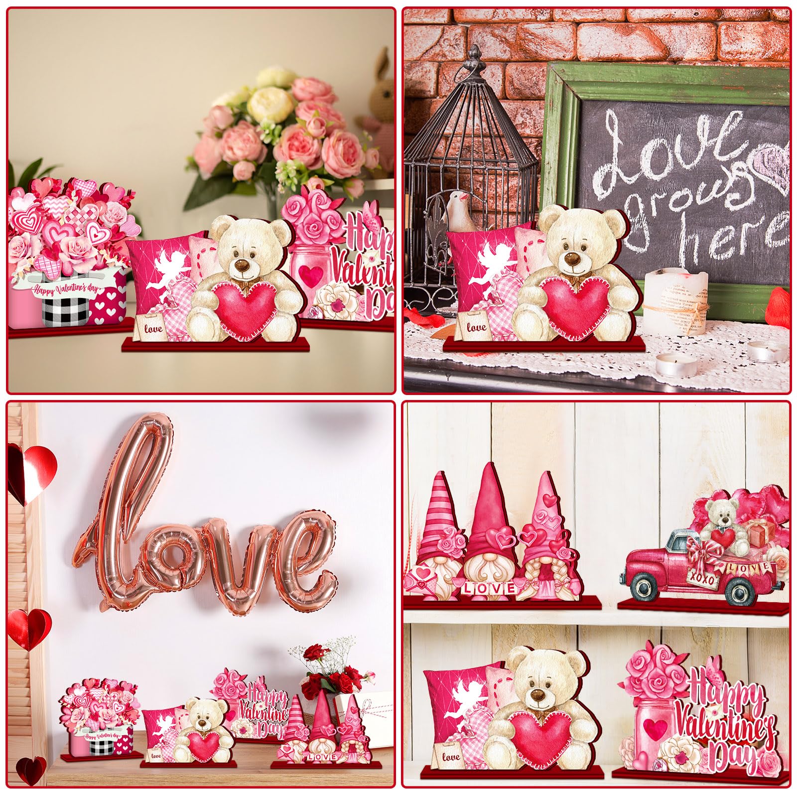 St. Patrick's Day & Valentine's Day Reversible Gnome Wood Signs, Double Sided Irish Theme Wooden Standing Blocks & Love Car Rose Truck Heart Decor, Table Centerpiece for Tiered Tray Farmhouse Kitchen, Ideal for Irish Families, Gnome Lovers & Couples Gift