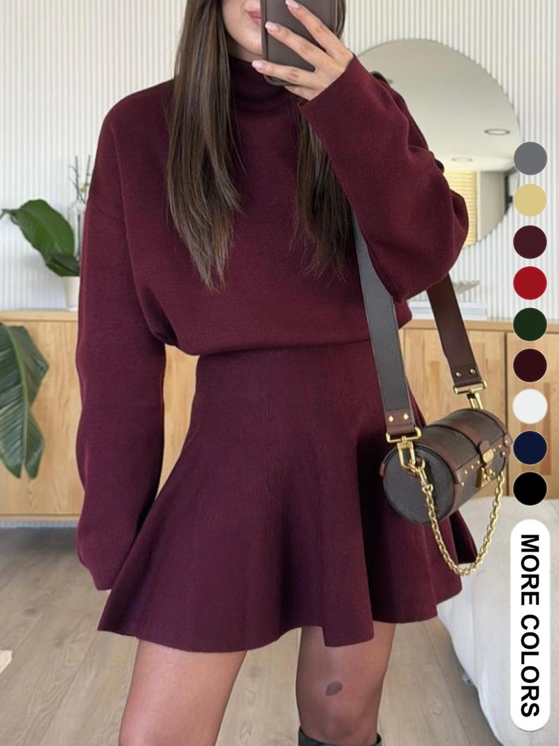 Casual gebreide jurk voor dames met halflange nek en lange mouwen, effen kleur, losvallende trui-jurk, herfst- en wintermode Casual gebreide jurk voor dames met halflange nek en lange mouwen, effen kleur, losvallende trui-jurk, herfst- en wintermode