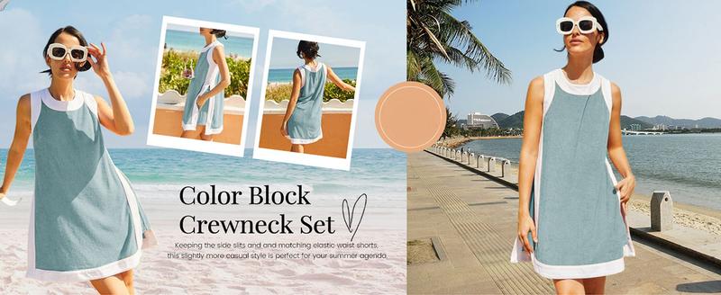 Ommig Women's 2 Piece Sets Casual Color Block Crewneck Short Sleeve Pullover Tops Matching Shorts with Pockets