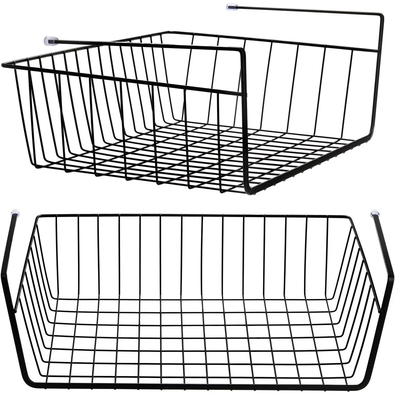 2 Pack Black Under Shelf Wire Basket, Hanging Storage Baskets Under Cabinet Add-on Storage Racks, Slide-in Baskets Organizer for Kitchen Pantry Desk Bookshelf