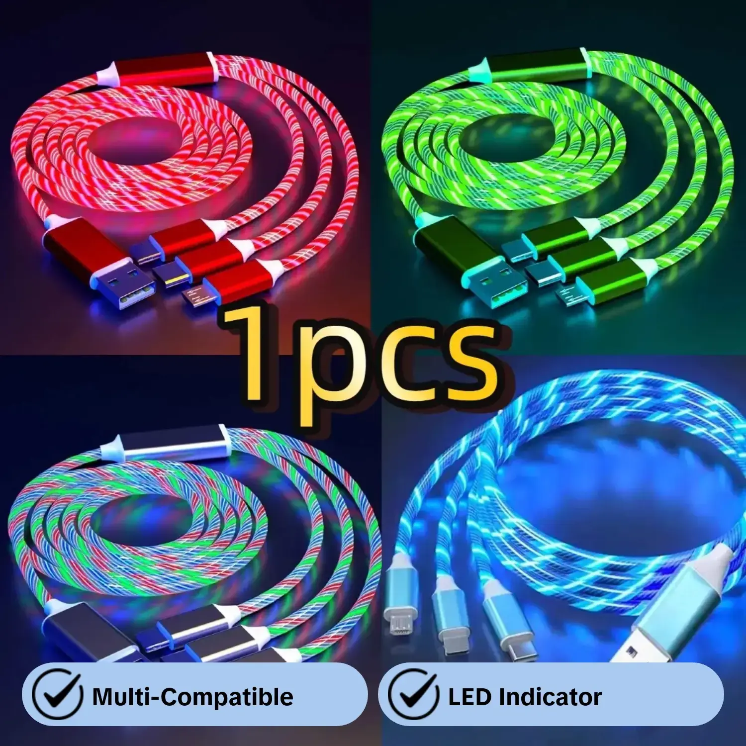 Versatile 3-In-1 LED Charging Data Cable, Compatible with Type-C, Lightning & Micro USB, Ideal for Phones, Tablets, Cameras & More, Phone Charging Accessories, Multifunctional Charging Cable