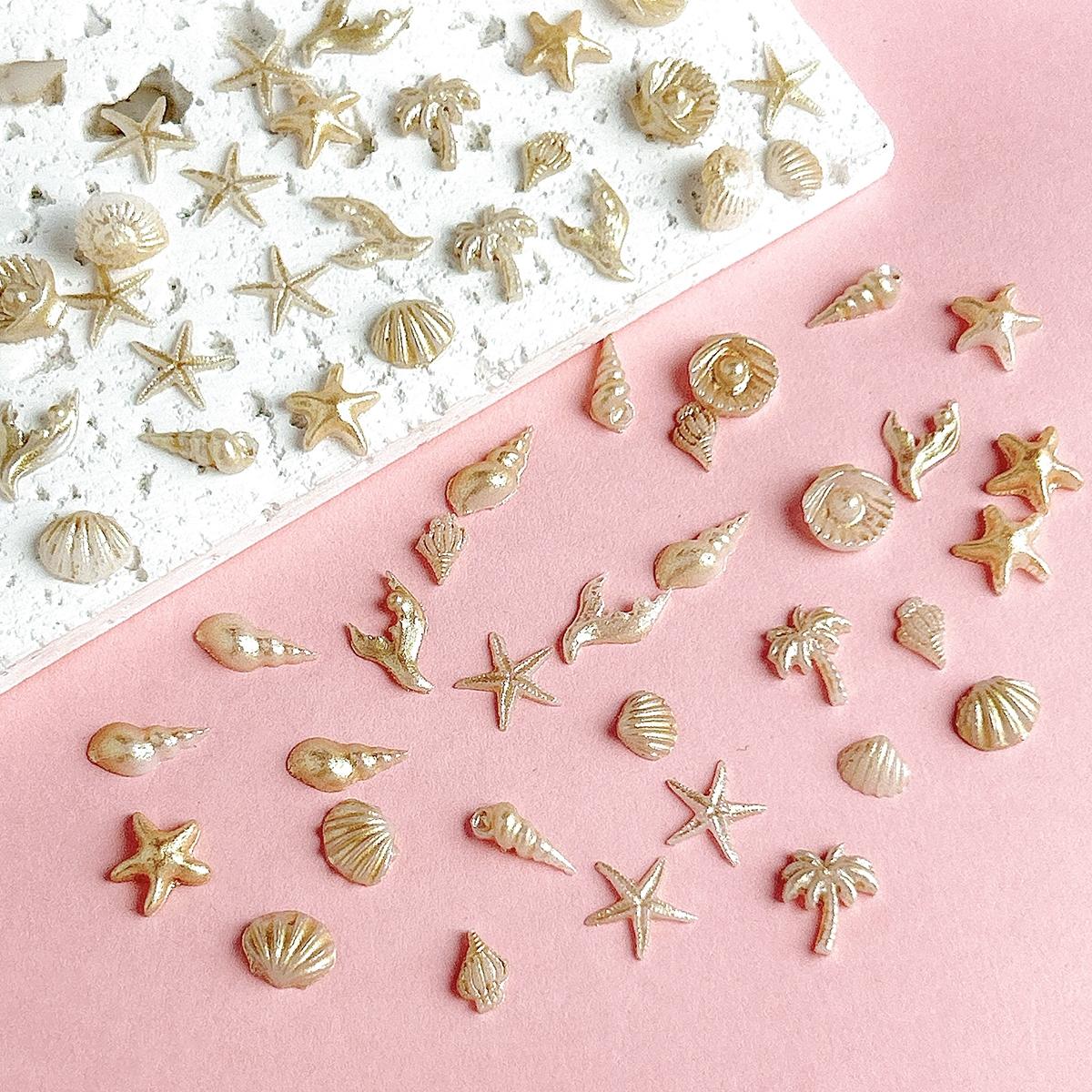 120PCS Multi-style Creative Ocean Series Resin Nail Charms 3D Champagne Color Shell Conch Starfish Fish Tail Summer Beach Nail Decorations DIY Necklace Clothing Nail Art