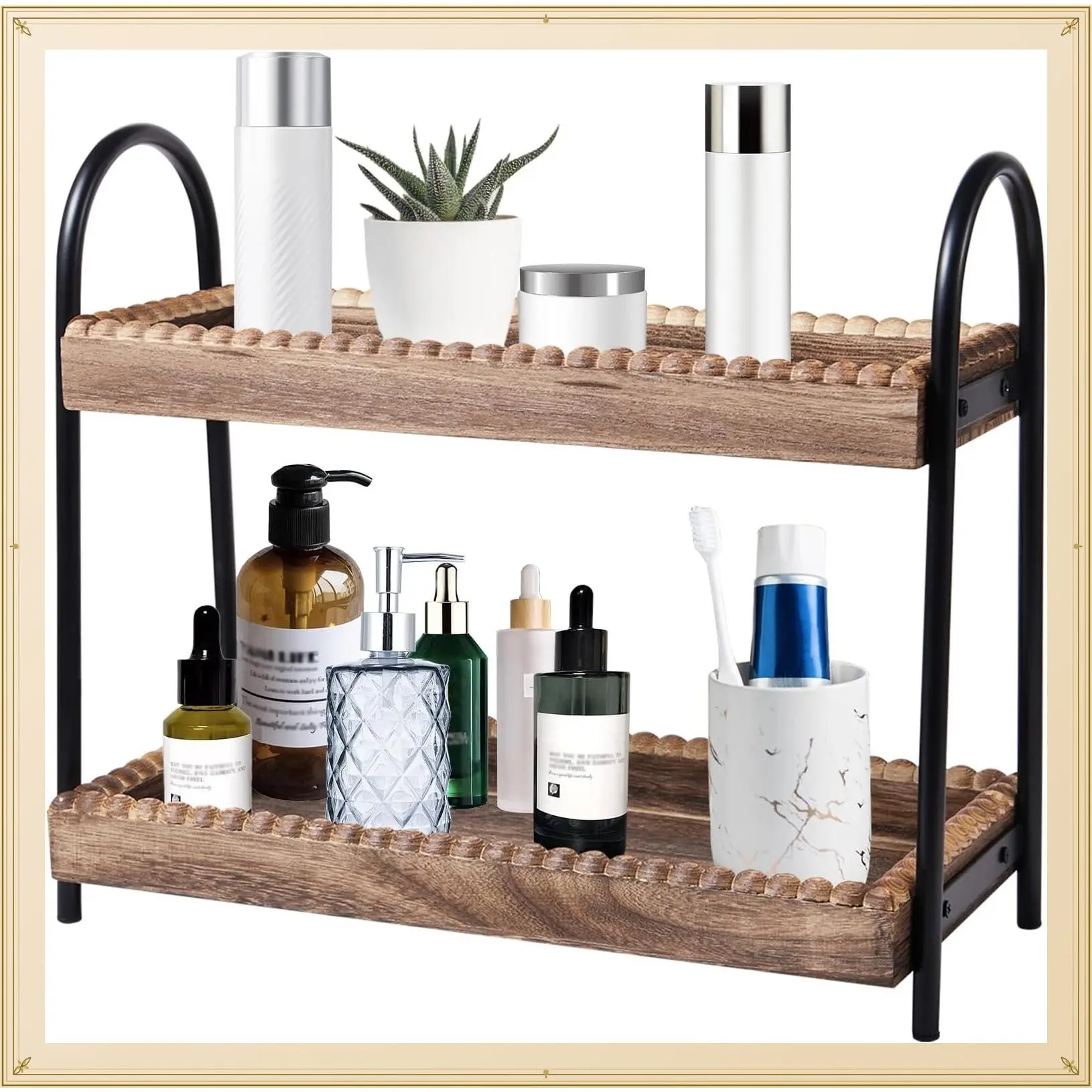 2-Tier Wood Bead Countertop Organizer and Storage Shelf for Bathroom Vanity, Cosmetics, Skincare, Perfume, Kitchen, Coffee StationGift