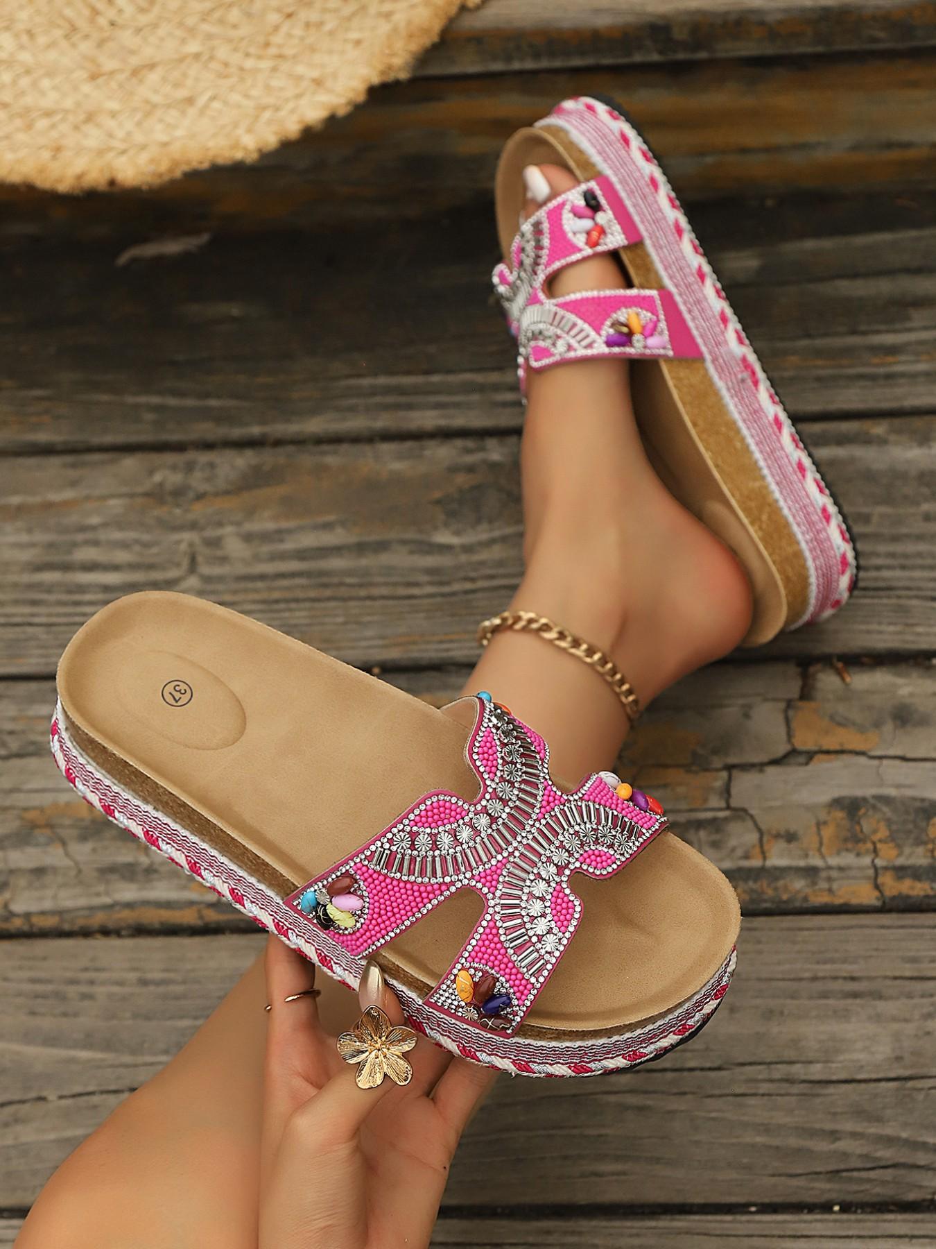 2026 Summer New Pearl Rhinestone Thick Sole Sandals Women, Fashion Ethnic Style Slip-On Shoes, Comfortable Outdoor Wear