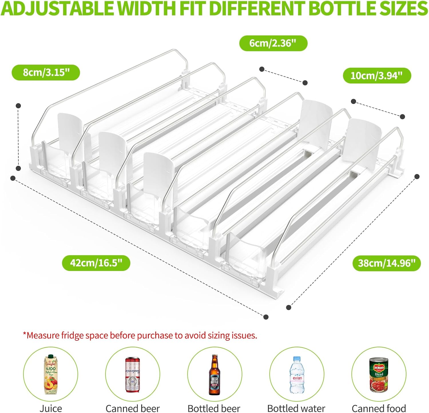 Soda Can Dispenser for Refrigerator,Self-Pushing Drink Organizer for Fridge, Width Adjustable Fridge Organization, Beer Pop Can Water Bottle Drink Dispenser for Fridge