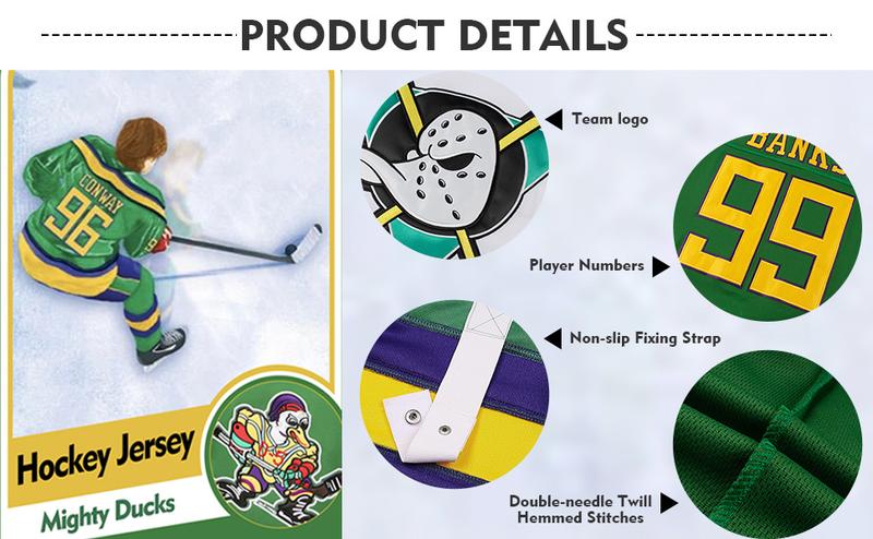 Mighty Ducks Ice Hockey Jersey Charlie Conway 96 & Adam Banks 99 90s Hip Hop Green Black Long Sleeved Loose Fit Breathable Quick Drying Mesh Polyester Machine Washable