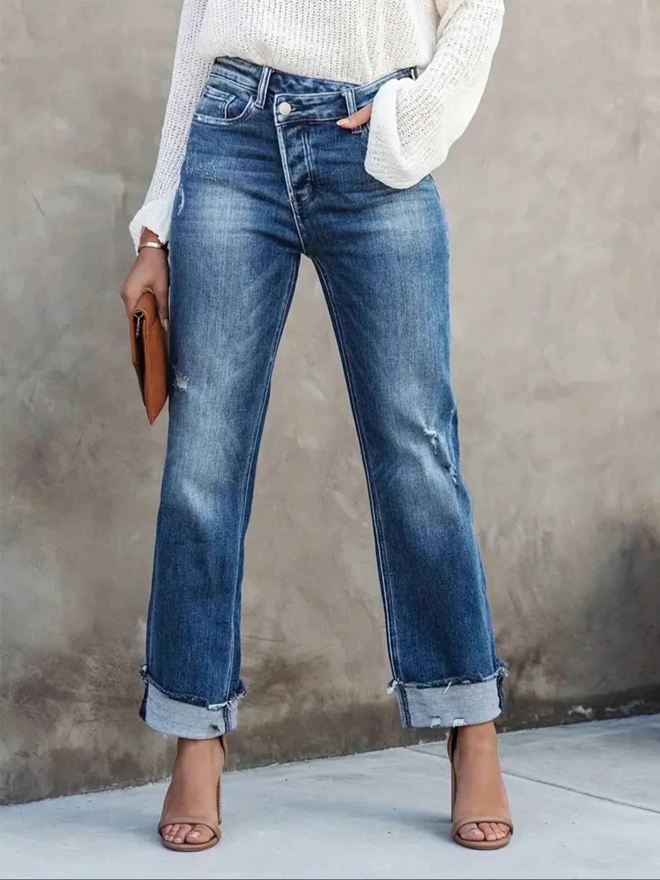 Women's Solid Color Jeans, Casual Comfy Denim Pants for Daily Wear, Ladies Bottoms for All Seasons