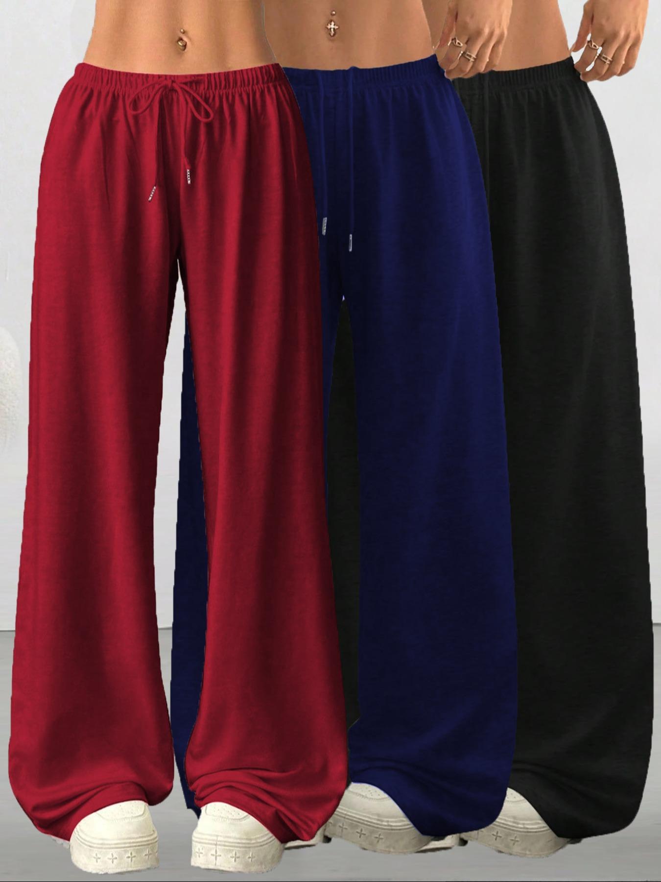 Women's Casual Loose-Fit Drawstring Pants, 3-Pack Plain Long Trousers, Comfortable Fabric Wide Leg Home Wear, Womenswear, Suitable for Spring Summer Fall Outdoor