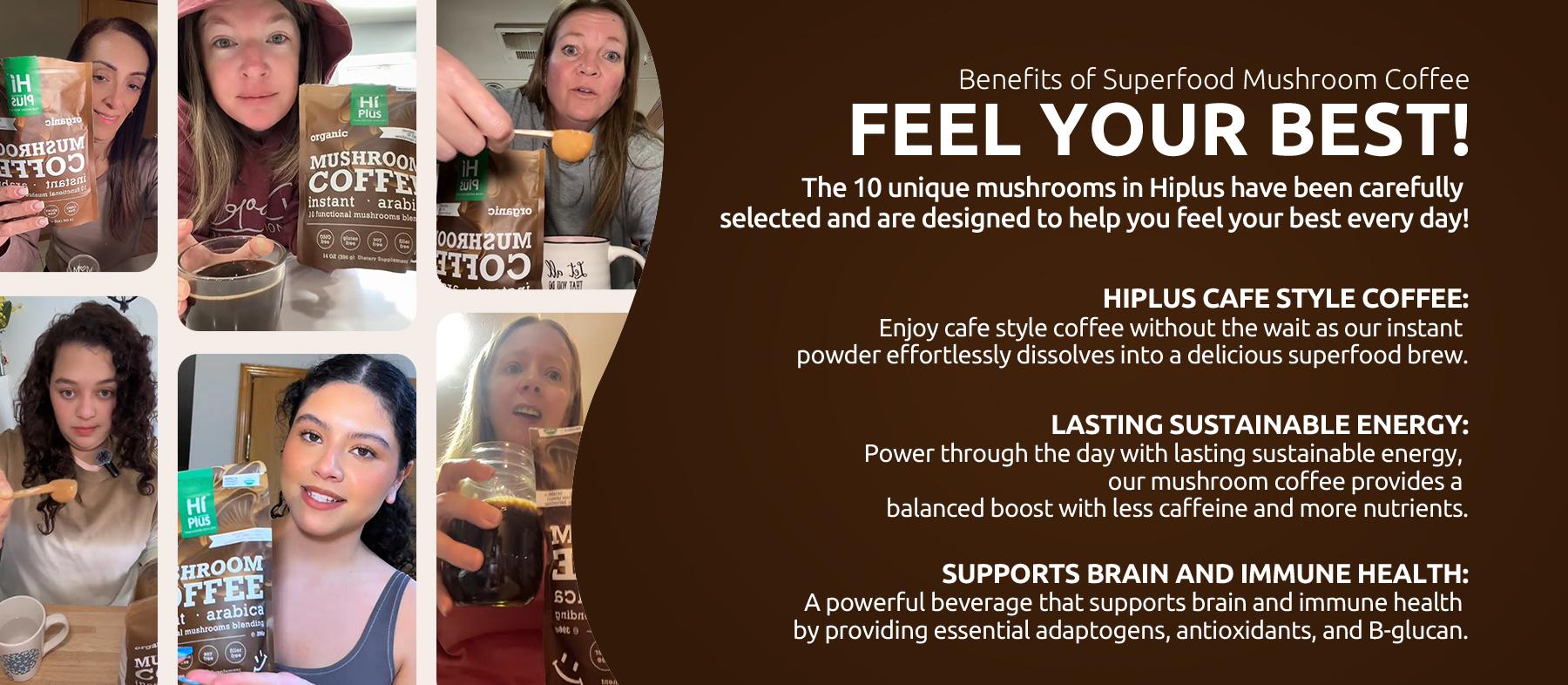 HiPlus Superfoods Mushroom Coffee USDA Organic with 10 Adaptogenic Mushrooms and MCT Oil, USA Grown Instant Coffee for Better Energy, Focus, Digestion, Immunity with Lion's Mane & Turkey Tail, 30 servings