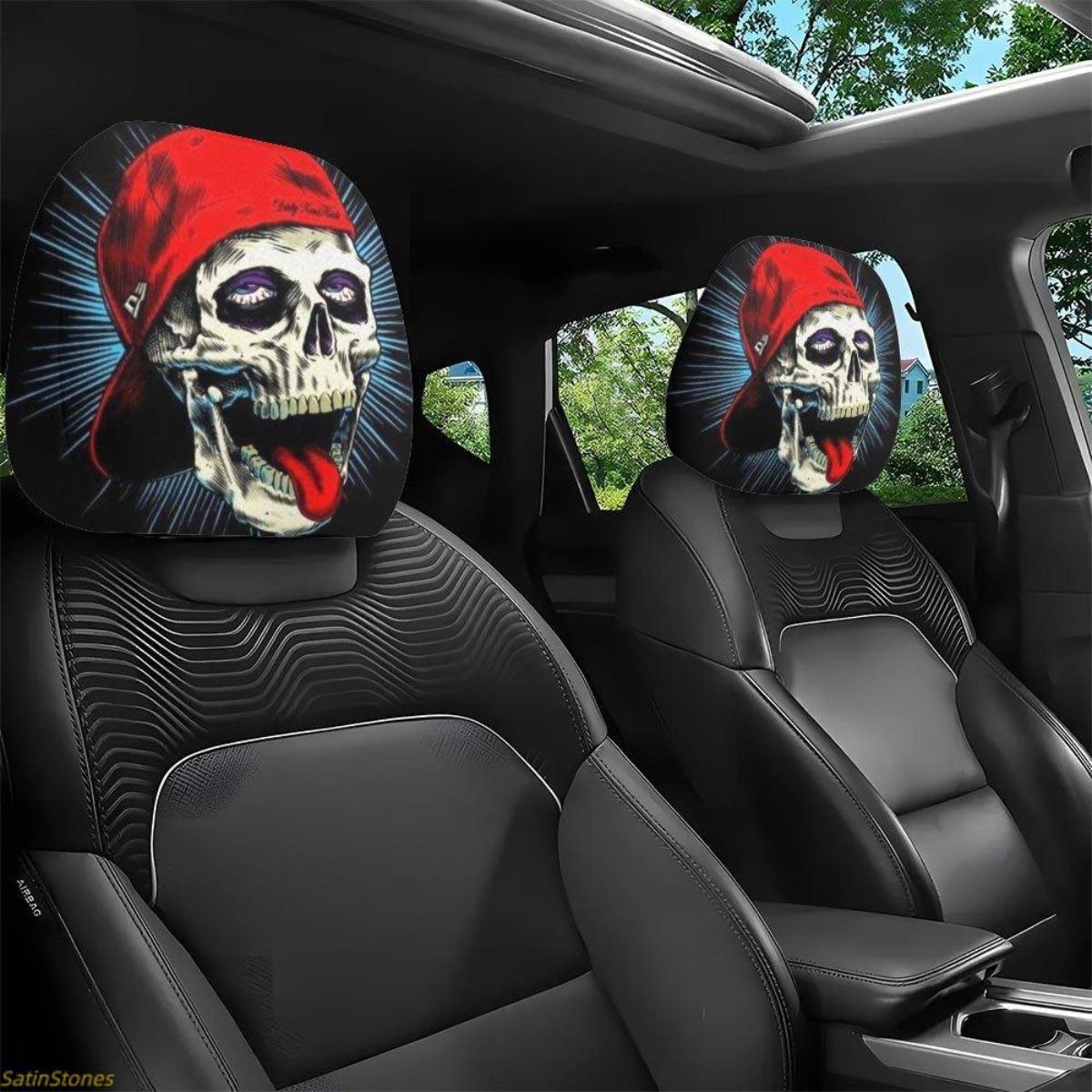 Gothic Hip Hop 2-Pack Car Headrest Covers with Skull Print, Soft Fabric, Easy Installation, Hassle-Free Wash, Durability Enhancement, Universal Fit Vehicle Decoration for Road Trips