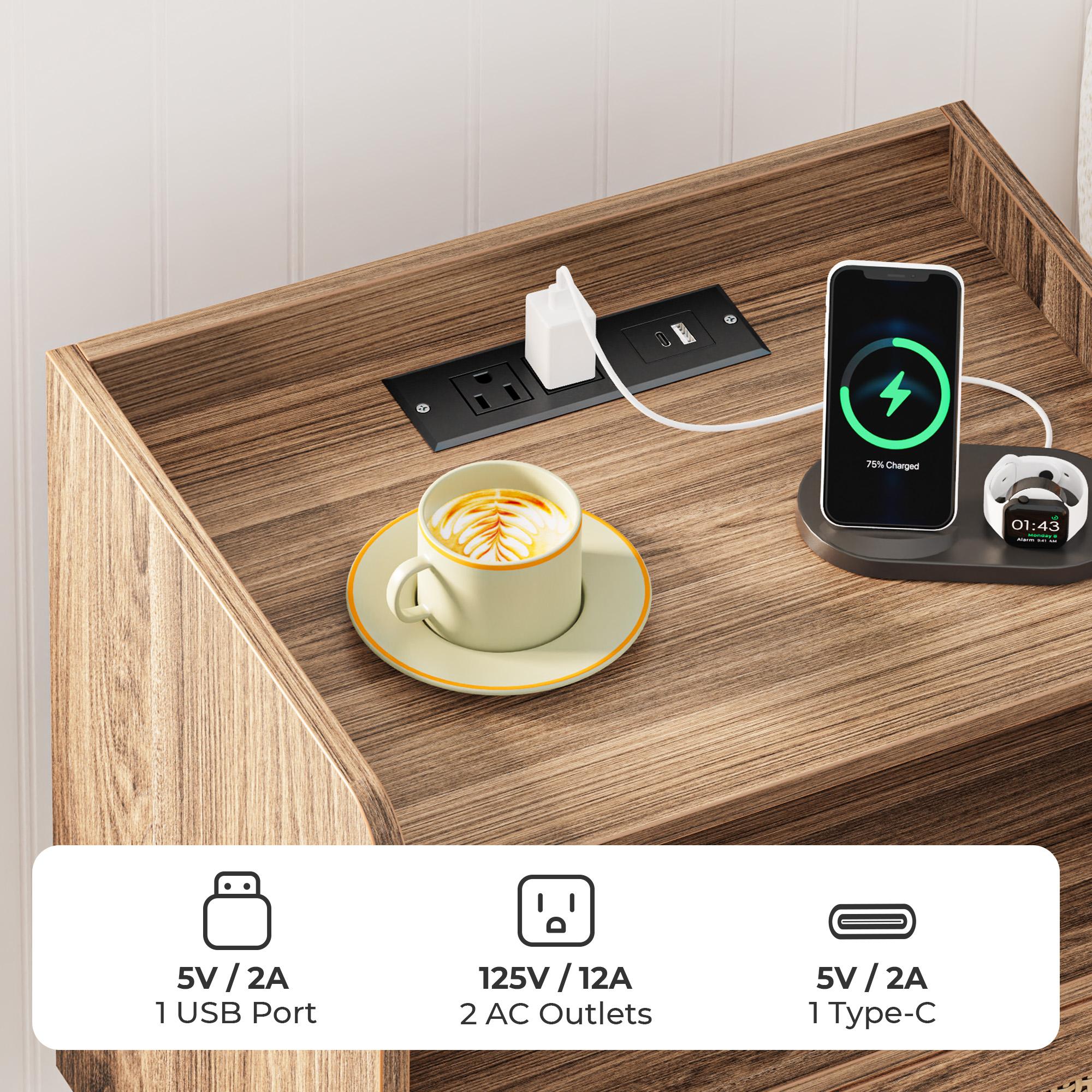 SUPERJARE Nightstands Set of 2, Night Stands with Charging Station & PE Rattan Decor Drawer, Bed Side Tables with Solid Wood Feet, End Table, for Bedroom, Living Room