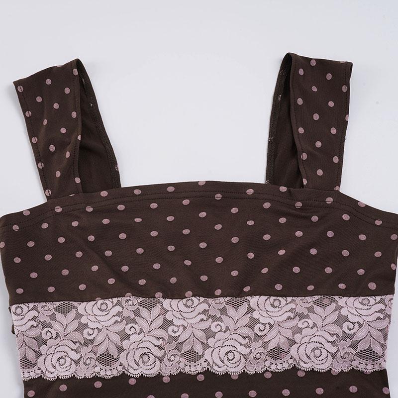 Vintage Polka Dot Print Bodycon Square Neck Vest Y2K Aesthetic Lace Patchwork Color Block Short Top Tank for Women Summer New