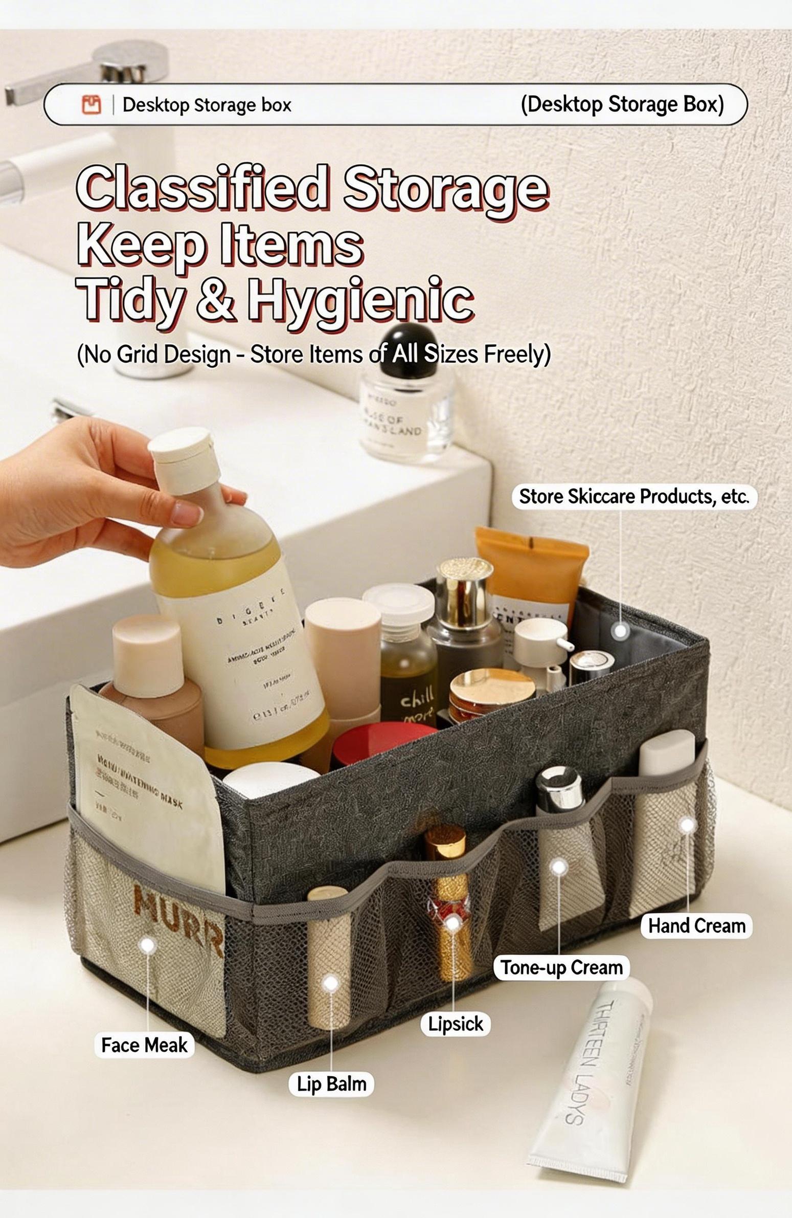 Cationic Desktop Organizer Box, Foldable Mesh Storage Bin for Cosmetics Jewelry, Solid Color Makeup Holder, Multi-Purpose Desk Tidy for Home Office