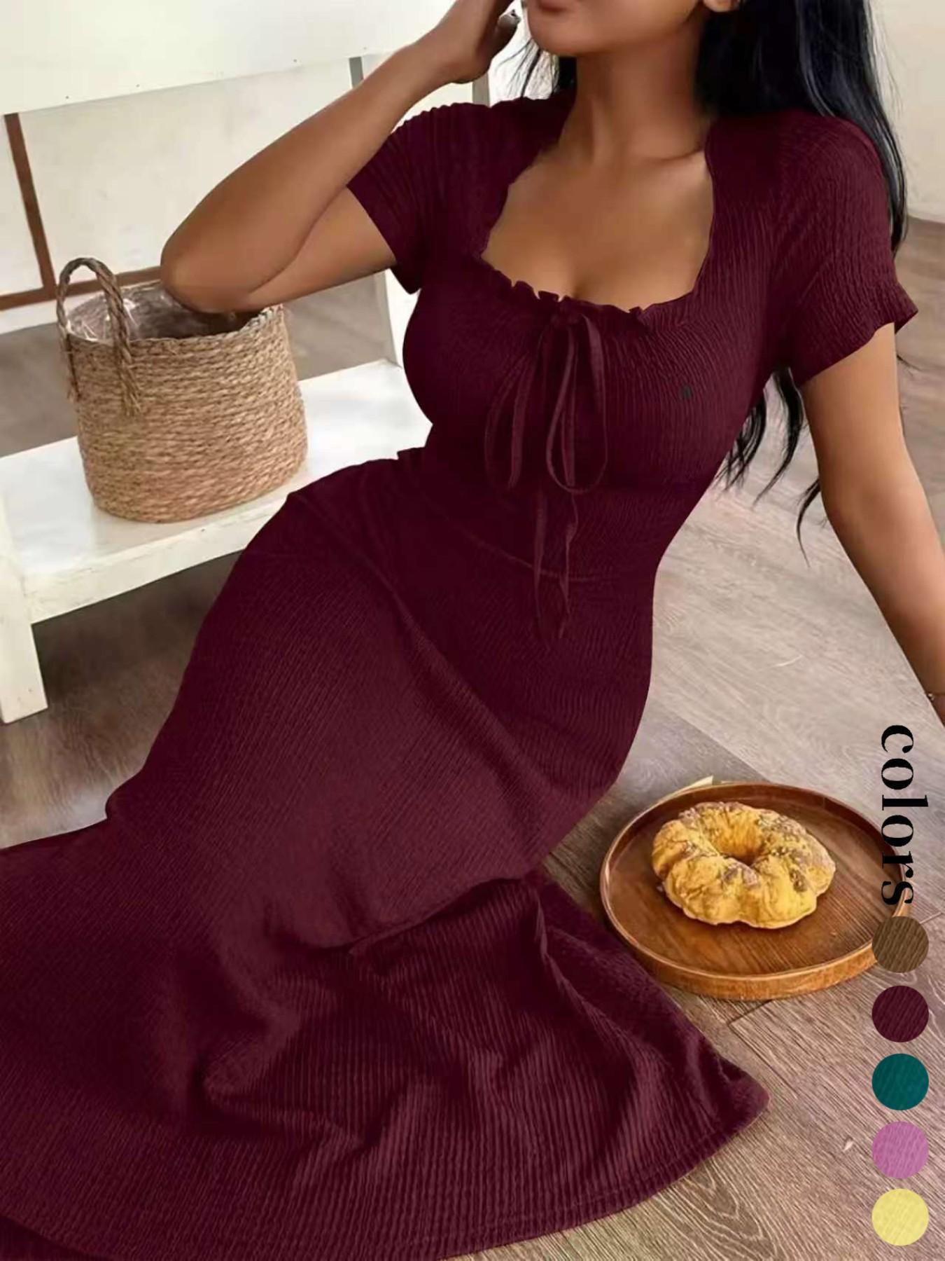Women's Casual Long Dress Ruched, Slim Fit Short Sleeves Plain Design Basic, Perfect for Daily Wear & Stylish, Ideal Gift Choice Womenswear
