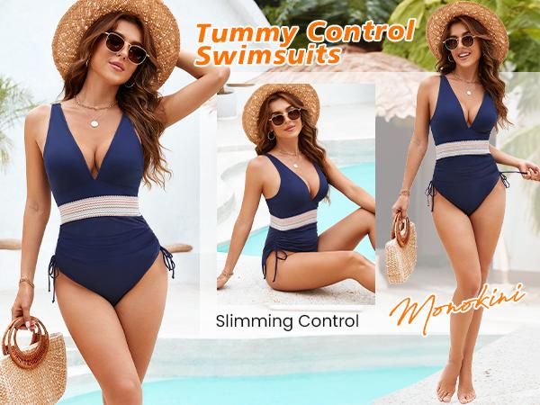 Blooming Jelly Women Tummy Control Swimsuits One Piece Slimming Modest Bathing Suit Color Block Drawstring Swim Suits