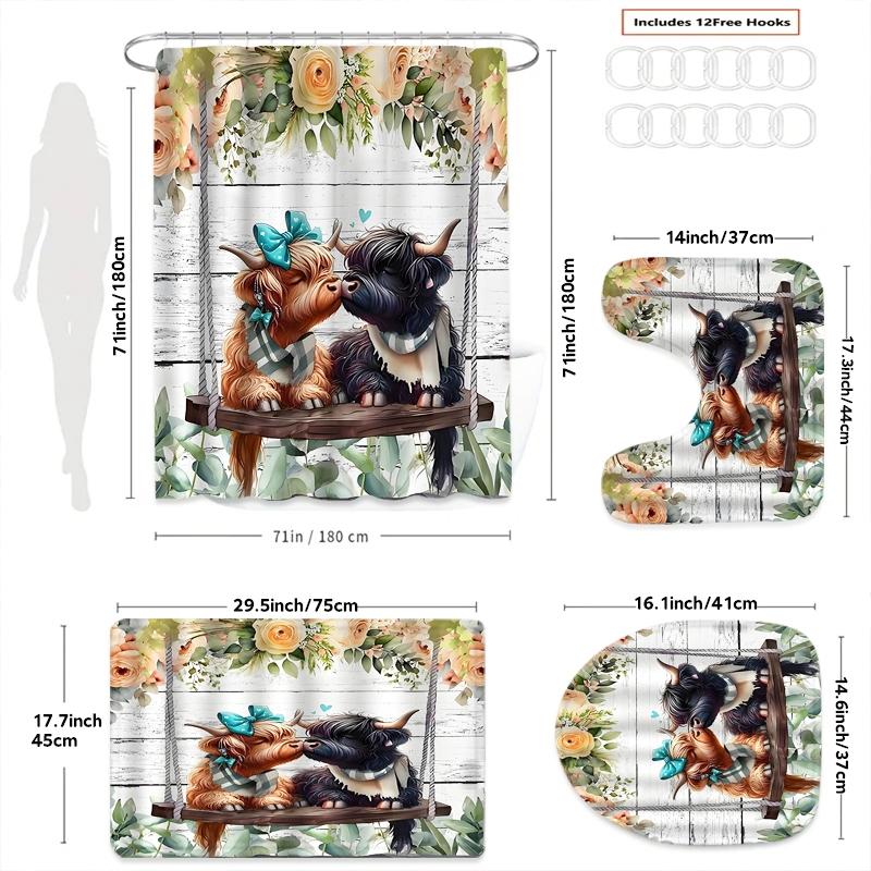 Bathroom Decor Set with Cow & Flower Pattern, Includes Hooks Curtain Toilet Lid Cover Bath Mat Rug, Rustic Style Bathroom Accessories, Shower Curtain Set