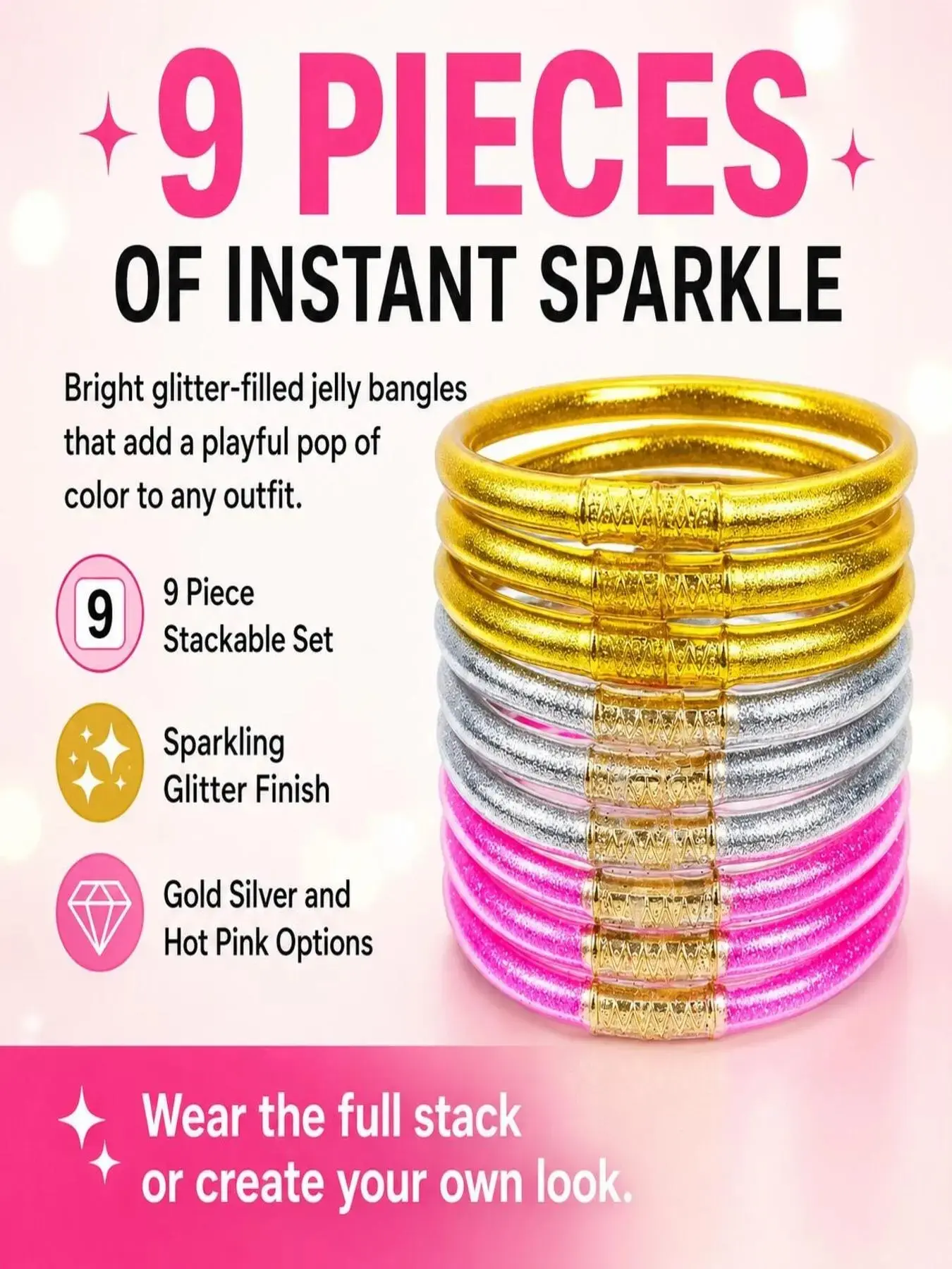 Women's 9-Piece Glitter Jelly Bracelet Set, Jewelry Bracelets, Flexible Stackable Bangles with Prayer Detail, Lightweight Daily & Summer Party Fashion Accessories