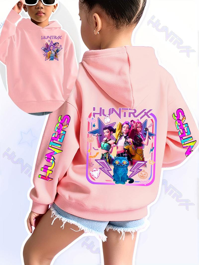 Girls' Kpop Demon Hunters Hoodie, Star Character & Cute Pet Print, Graphic Casual Hoodie, Casual Fitted Sweatshirt, Spring & Fall Elastic Fabric, Christmas Gift