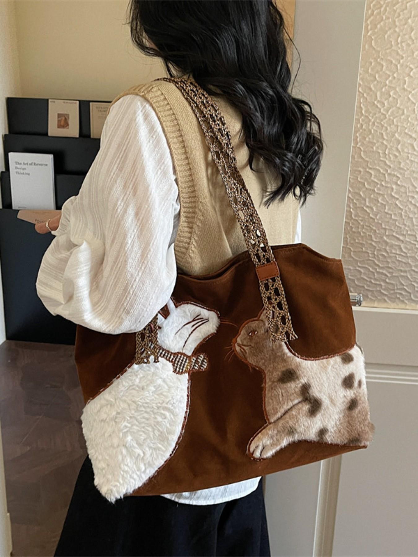 High-End Fashion Tote Bag, Cute Cartoon Shoulder Commuter Bag, Korean Style Elegant Vintage Bag, Trendy Handbag for Daily Use