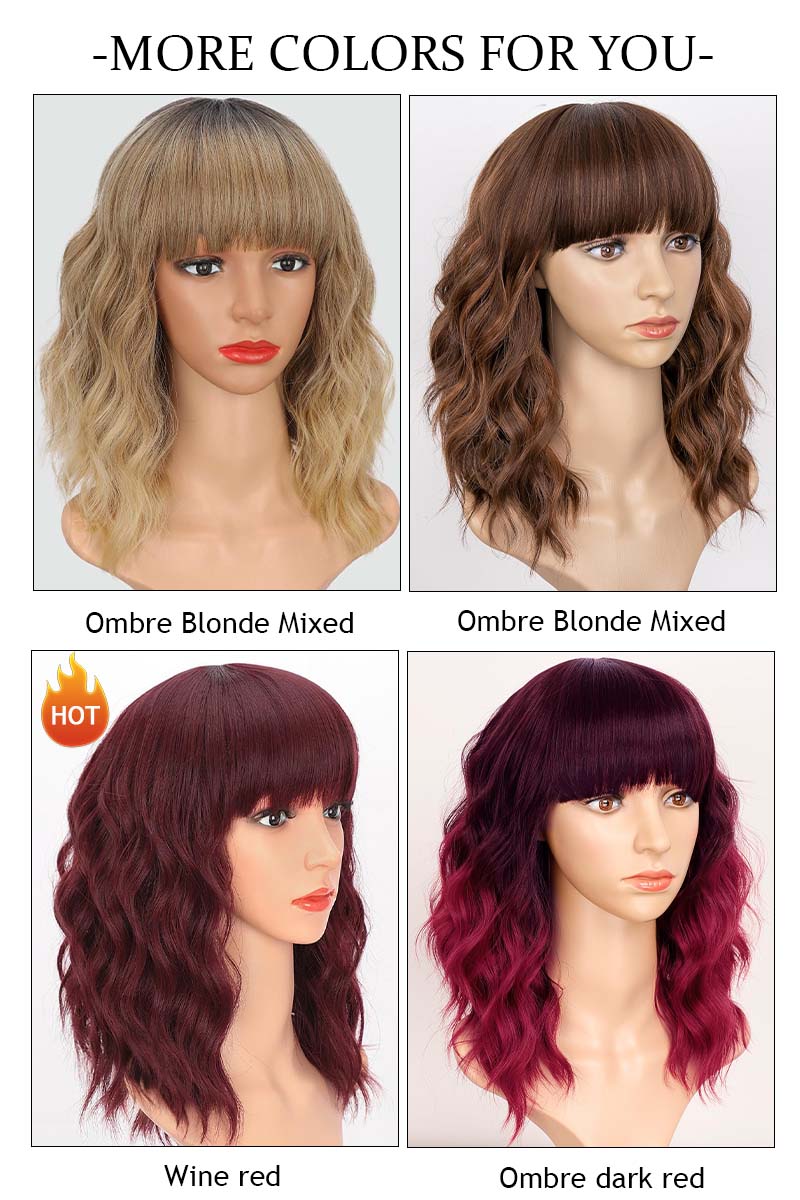 [ AISI HAIR ] Curly Bob Wig with Bangs Short Wavy Wine Red Color Wigs for Women Bob Style Synthetic Heat Resistant Bob Wigs