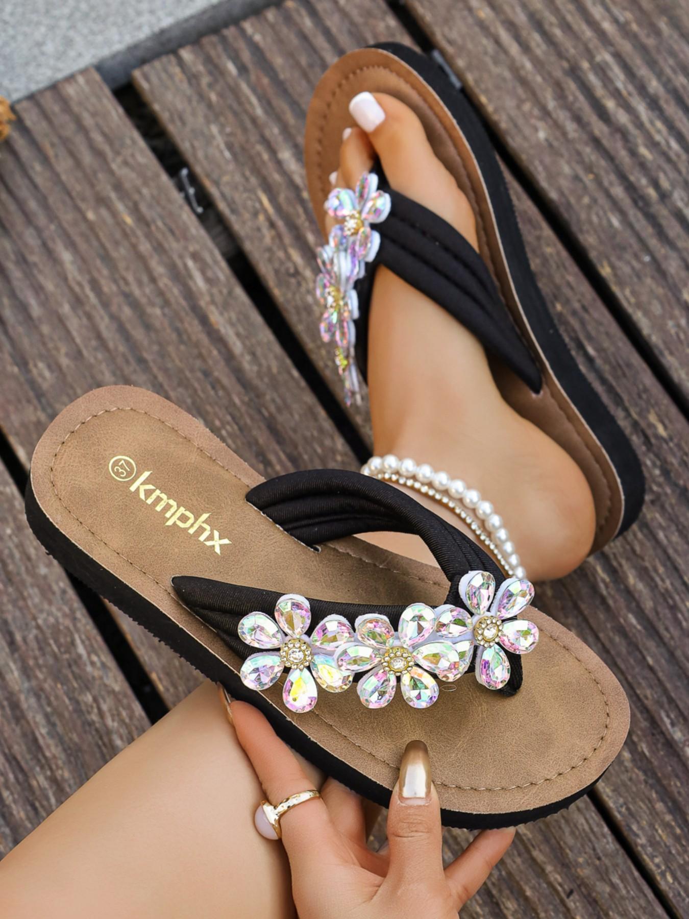 2026 Summer New Rhinestone Flower Thong Sandals for Women, Thick Sole Anti-Slip Beach Shoes, Outdoor Vacation Flip Flops