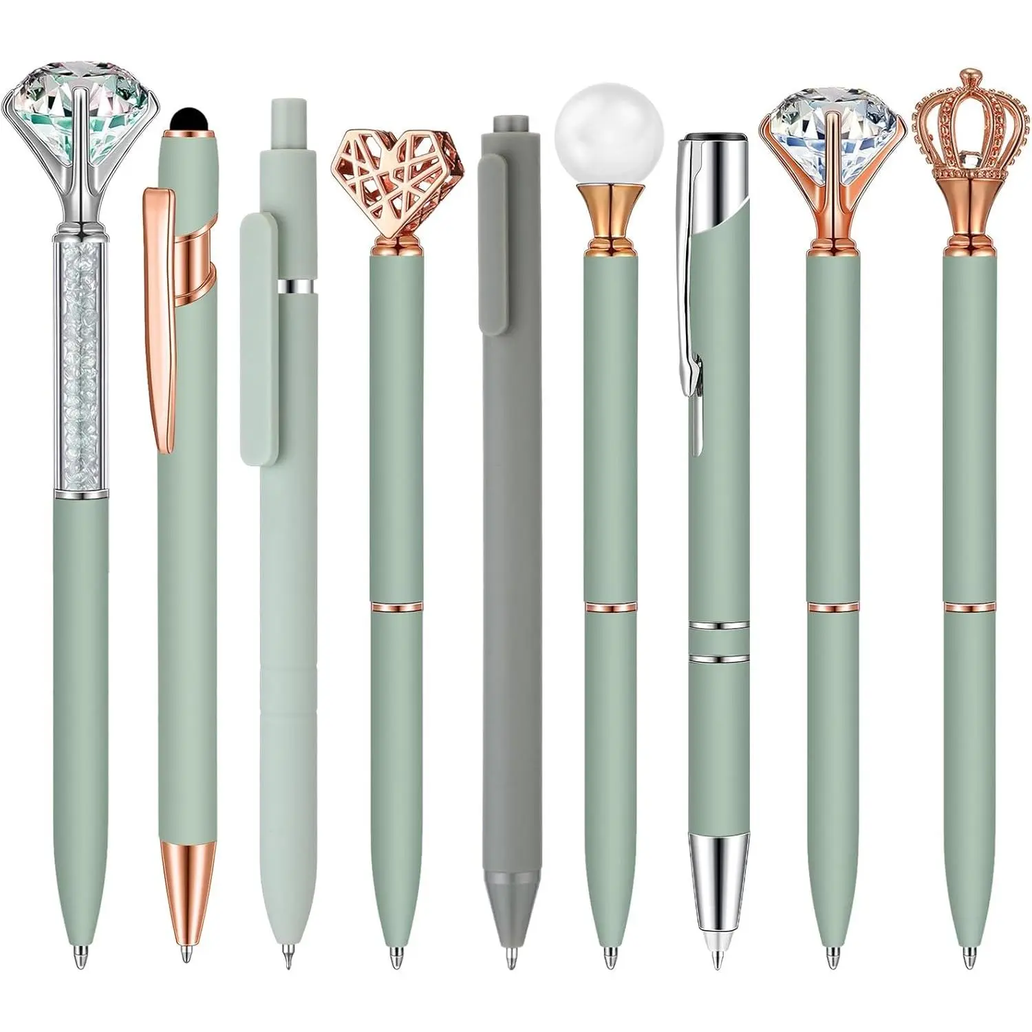 9 Pcs Ballpoint Pens Set Metal Crystal Diamond Glitter Pens for Journaling Black Ink Pretty Cute Things Fancy Stationery Gifts for Women Girls Birthday Home Office Desk (Sage Green)