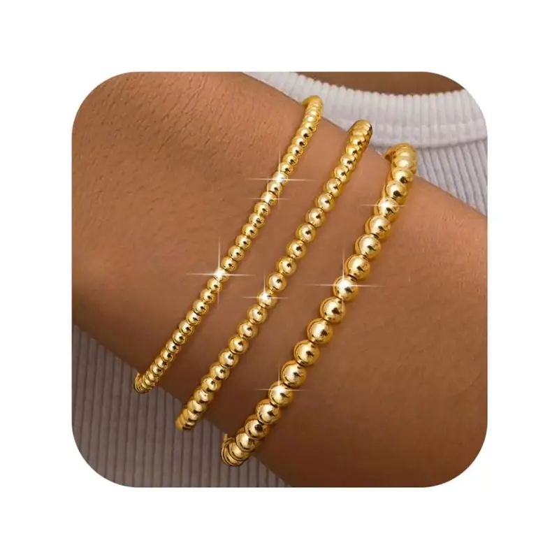 Bracelet for Women, Dainty 18k Gold Plated Bead Bracelet, Stretchable Elastic, Waterproof, Adjustable, Jewelry Set