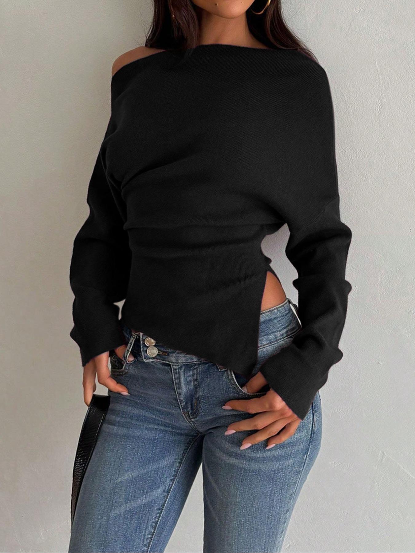 Women's Casual Fashion Asymmetrical Neckline Long-Sleeve Sweater, Slim-Fit Thin Knit Top for Fall, Plain Design Knitwear