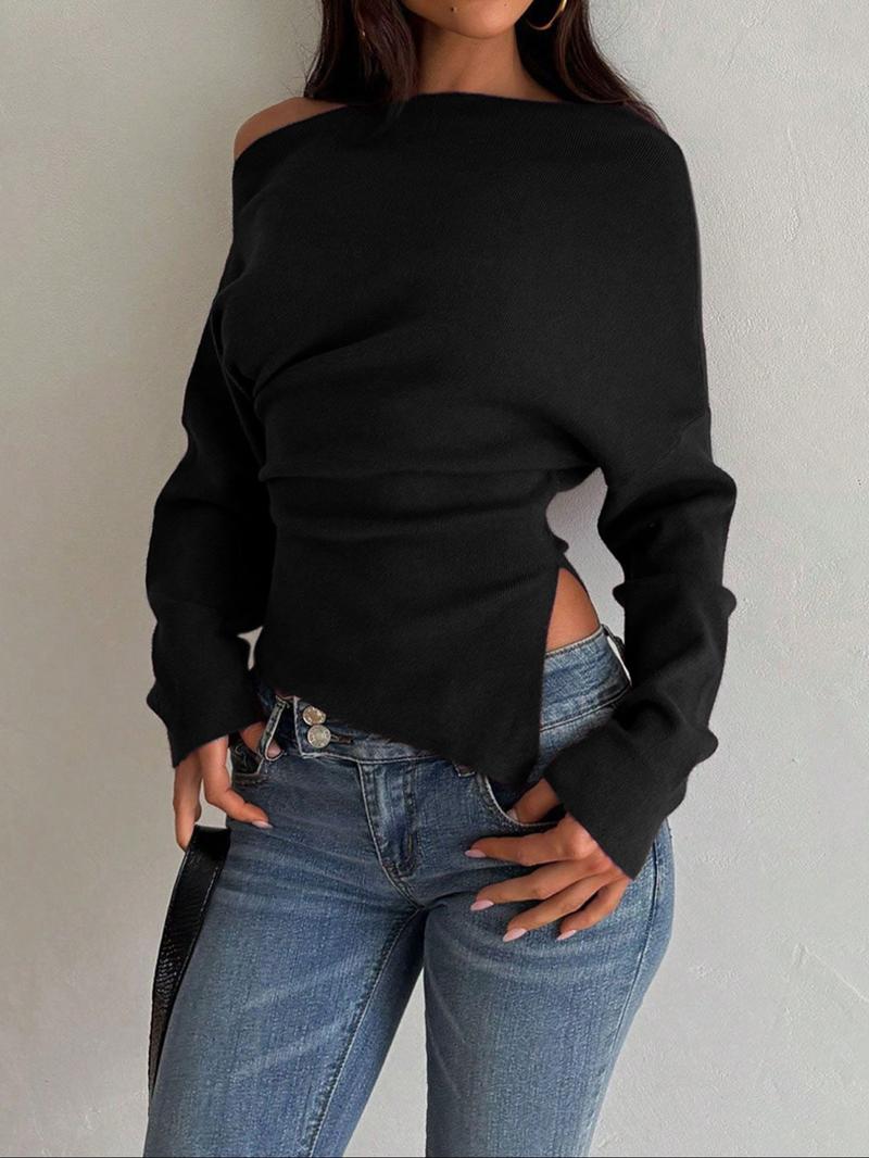 Women's Casual Fashion Asymmetrical Neckline Long-Sleeve Sweater, Slim-Fit Thin Knit Top for Fall, Plain Design Knitwear