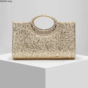 Sparkly Circular Handle Evening Bag - Luxe Gold Silver Glitter Crossbody Clutch with Rhinestone Detail & Versatile Strap, Soft Lightweight Eye-Catching Look Perfect for Holiday Celebrations Red Carpet & Festive Gatherings