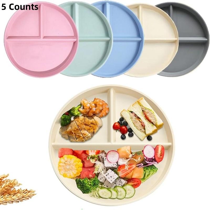 Unbreakable Divided Plates 5PCS for Kids Adults, Corelle Divided Plates, Wheat Straw Divided Plates, Salad Serving Plates, Lightweight Reusable Dinnerware Portion Control Plastic,9IN