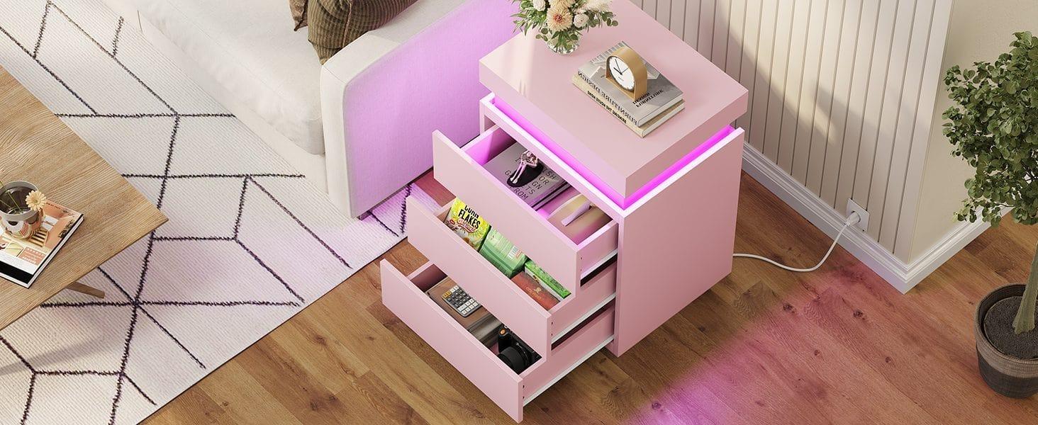 Sikaic Nightstand with LED Lights Charging Station Pink Modern Bedside Table with 3 Storage Drawers and Top Sliding Drawer
