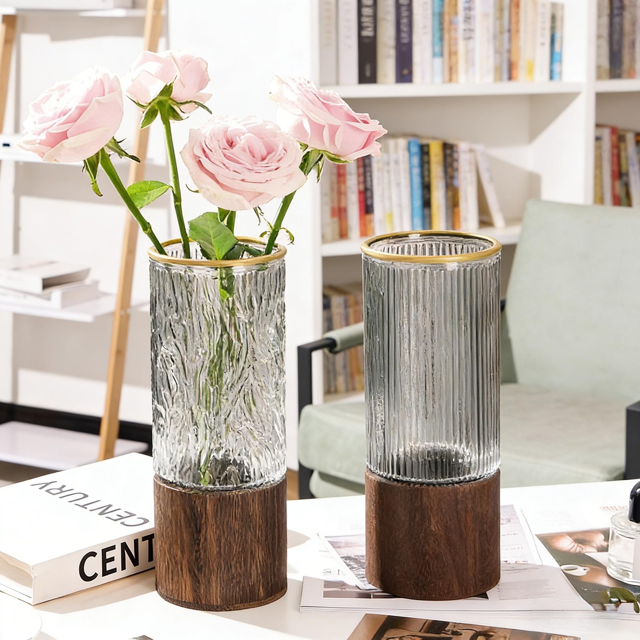 Modern Detachable Glass Flower Vase with Wooden Base, Gold Rim Ribbed/Ice Texture Vase for Home Decor, Perfect for Roses, Lucky Bamboo, Table Centerpieces