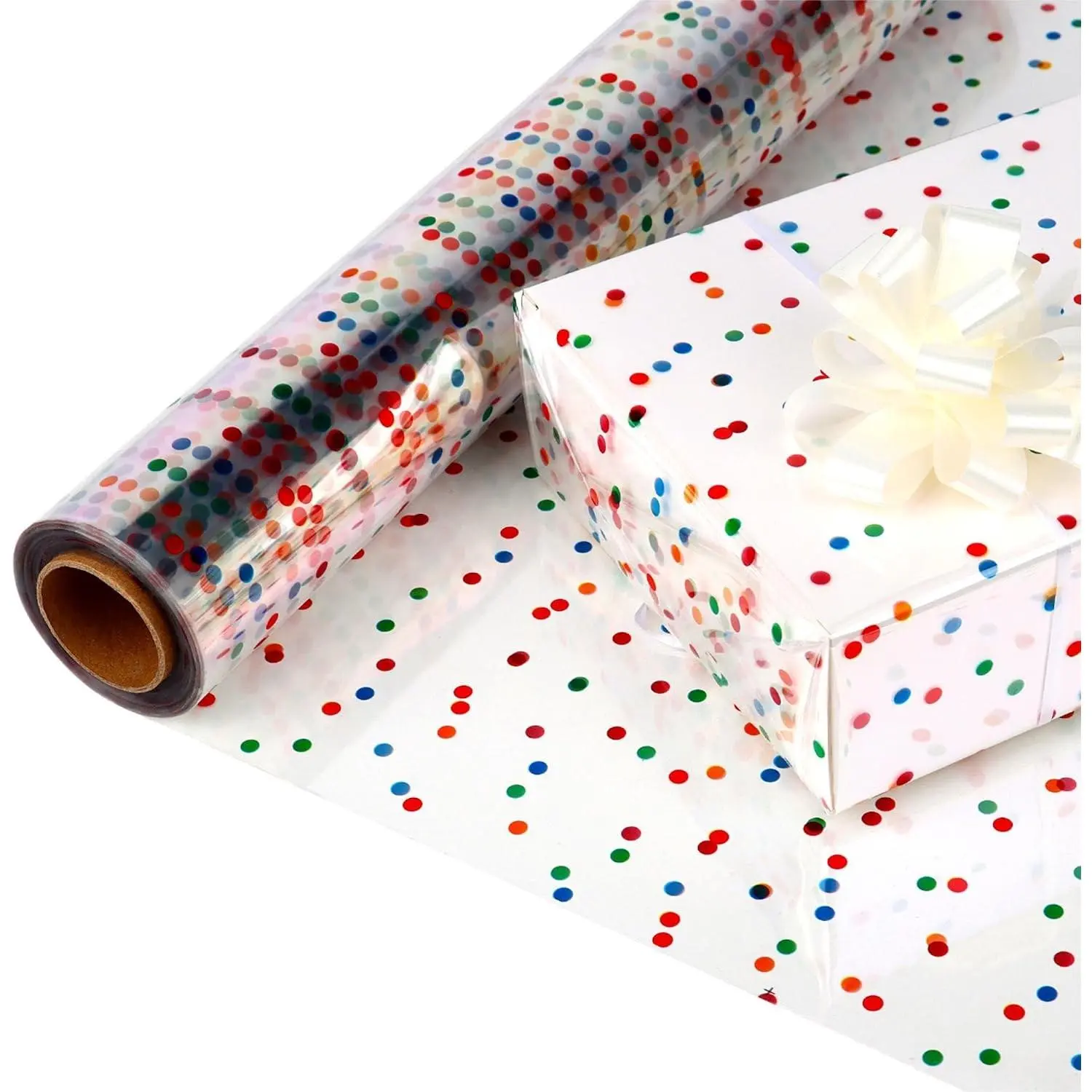Extra Wide Clear Cellophane Wrap Roll 17" x 100Ft Multicolor Polka Dots Thicker Transparent Cellophane Roll for Easter Gift Baskets Flowers Holiday Christmas Decorations
