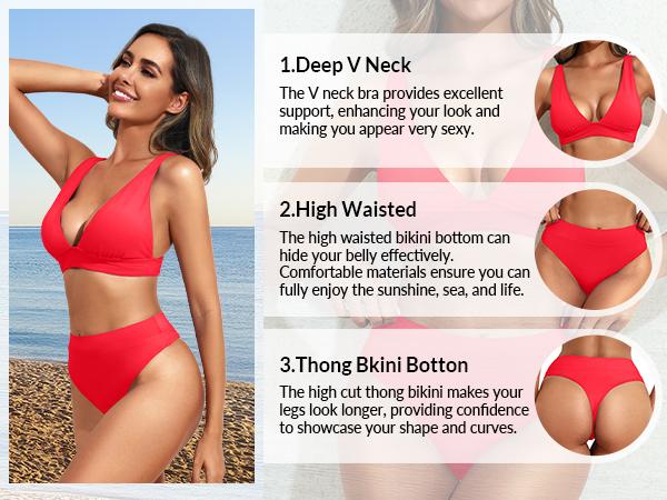 Yonique High Waisted Thong Bikini Set High Cut Bikini Two Piece Swimsuits V Neck Bathing Suit Triangle Bikini Top with High Cut High Rise Bikini Bottom Sexy Swimsuit for Women