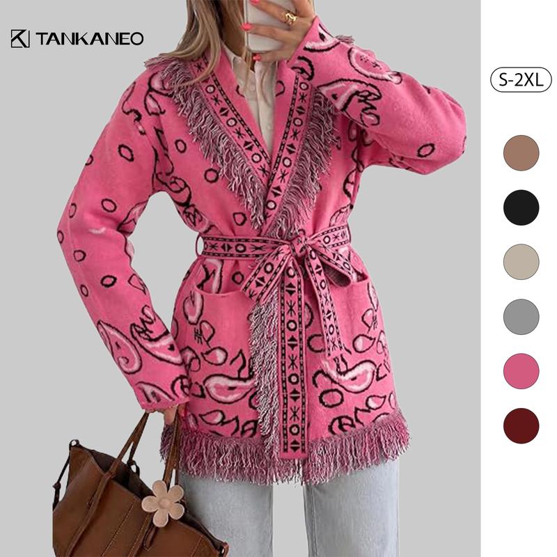 Tankaneo Women's Boho Style Casual Long Sleeves Knitwear Top - Aztec Print, Fringes, Ribbed Knitting, Fitted Fall Duster, Western Chic Cardigan