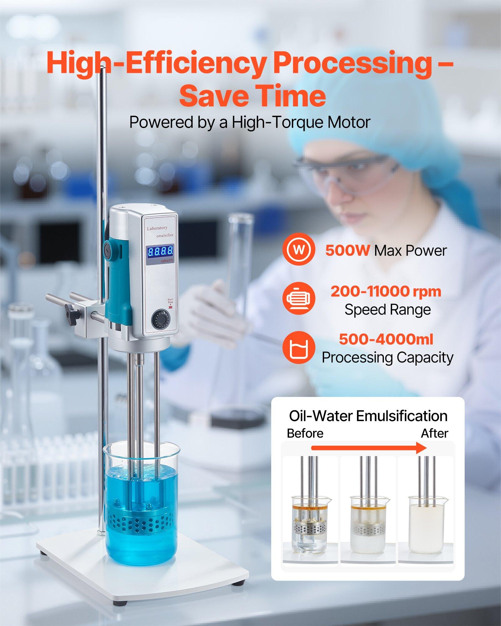 VEVOR 500W Stainless Steel Lab High-Shear Mixer, 200-11000 RPM Adjustable Speed High-Speed Dispersing Homogenizer, Digital Display Emulsify Blend Machine for Cosmetics, Food Industries, High Shear Mix