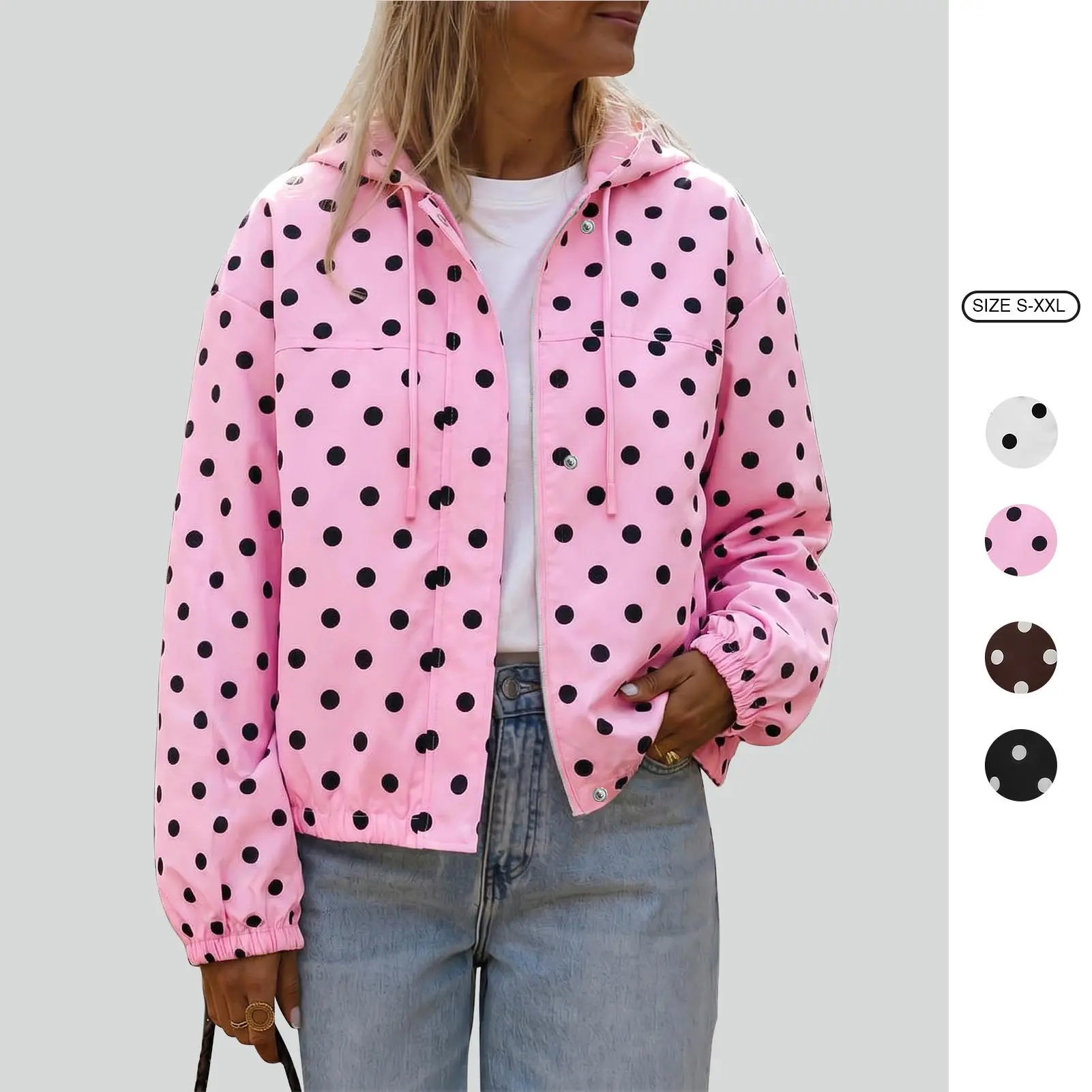 Imily Bela Womens Polka Dot Hooded Jacket Casual Zip Up Snap Button Cropped Windbreaker Long Sleeve Oversized Lightweight Outerwear