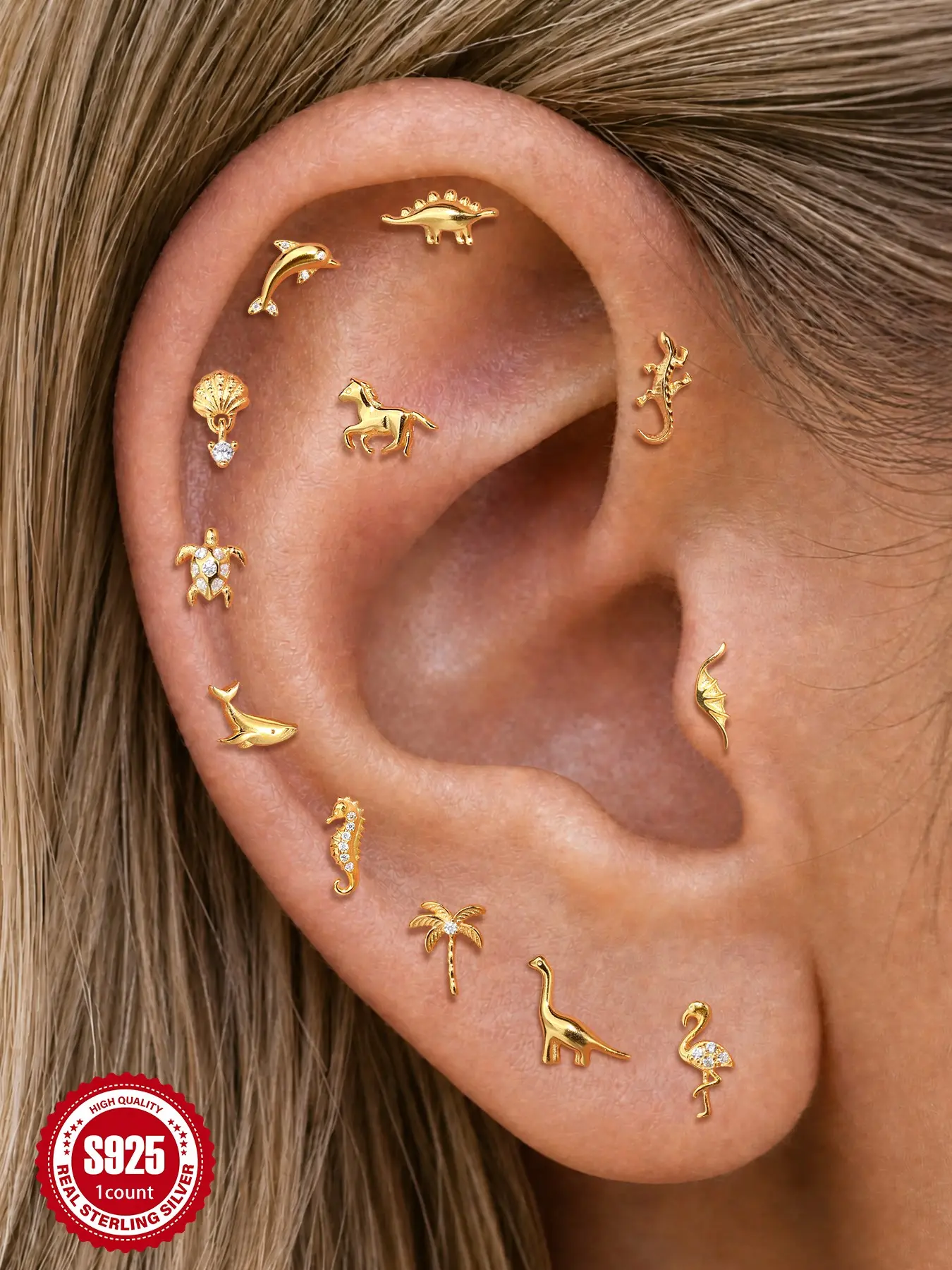 1pc 18K Gold Plated S925 Sterling Silver Waterproof Ocean Animal Stud Earrings, Summer Beach Pool Jewelry Hypoallergenic, Non-Tamish, Ideal for Daily Wear, Weddings, Parties, and Other Special Occasions, Pretty Studs