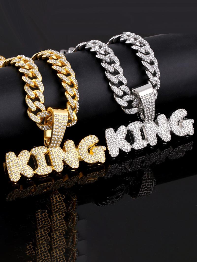 Hiphop Full Diamond King Letter Cuban Chain, Fully Encrusted Detail, Shiny, Unisex Street Style Jewelry, Cuban Link Chain