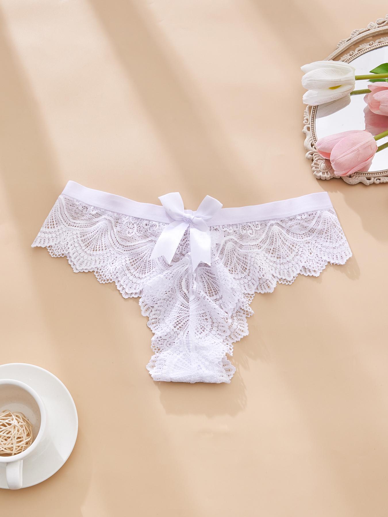 Women's Lace Back Bow Panties, High Elasticity Fitted Comfort Thongs, Pure Color Elegant Chic Sexy Underwear, Suitable for Special Occasions, All Seasons Wear, Womenswear, Stretchy Panties