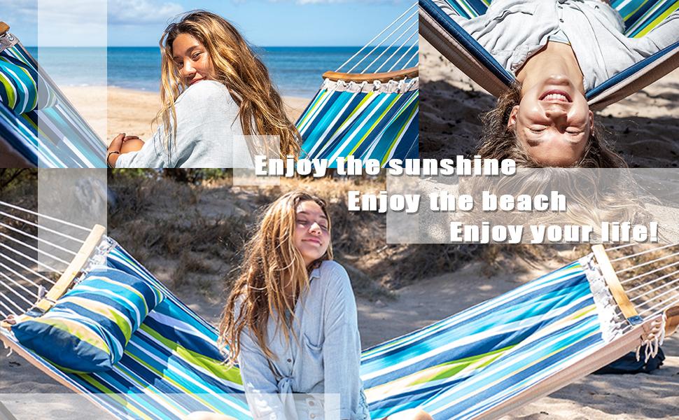 SUPERJARE Hammock with Stand, 2 Person Heavy Duty Hammock with Padded Cotton, Detachable Pillow & Strong Curved-Bar & Portable Carrying Bag, Perfect for Outdoor & Indoor