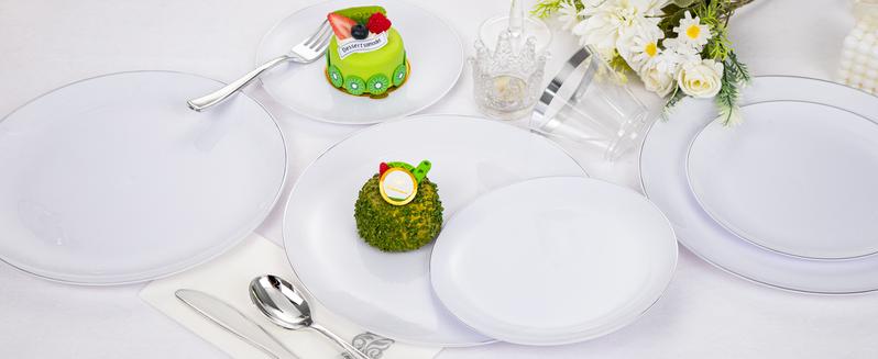 Gold/SilverDisposable Plates and Silverware Set: Dinner Plates,Dessert Plates, Cups,Napkins,Knife, forks, spoons 70 of each.-Perfect for Party